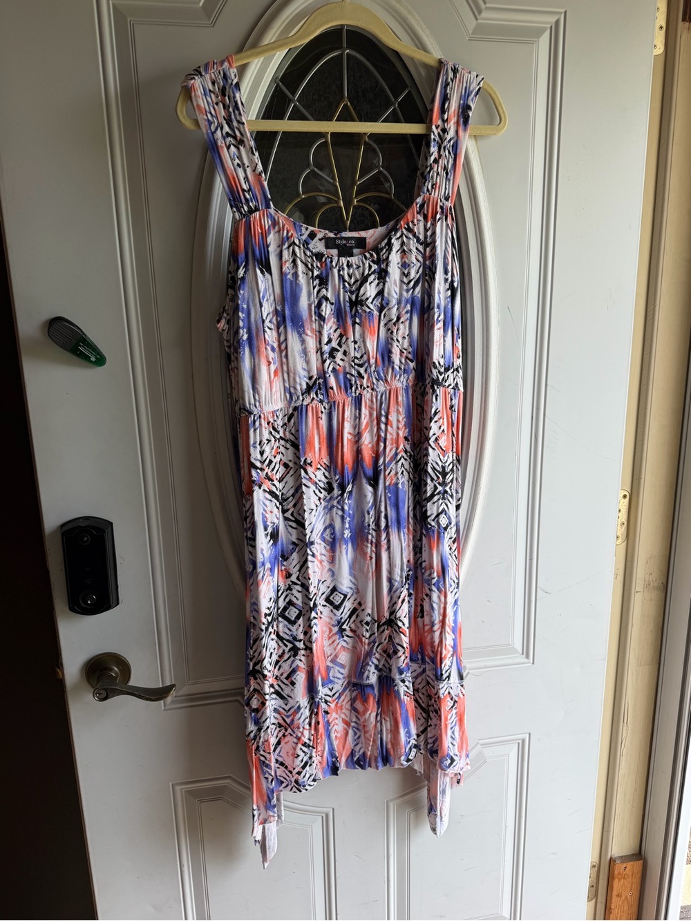 Style & Co. Coral, Blue and Black Printed Asymmetrical Hem Dress